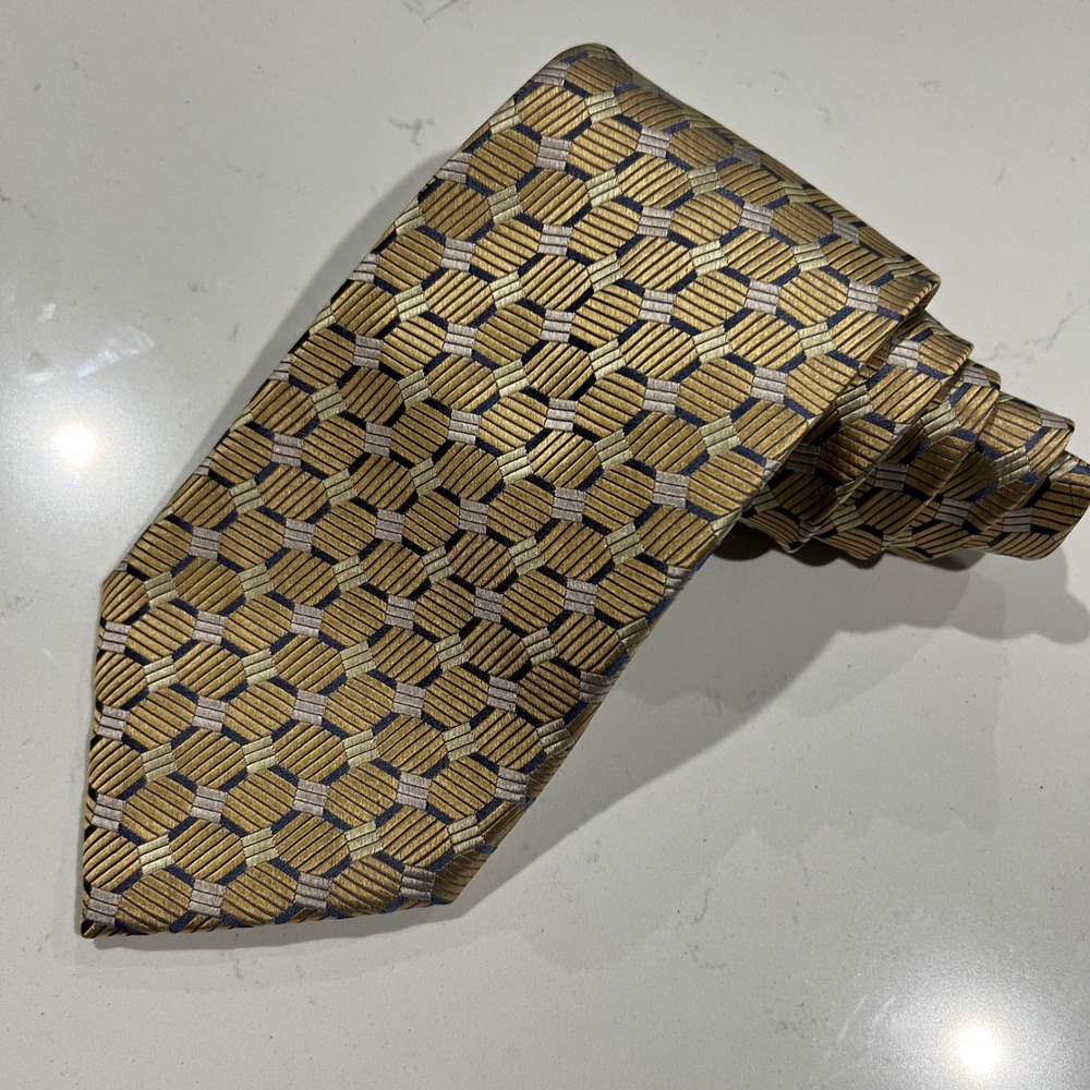 Barrington Mens Silk Tie Gold Bronze Navy Blue Geometric Honeycomb Handmade NEW